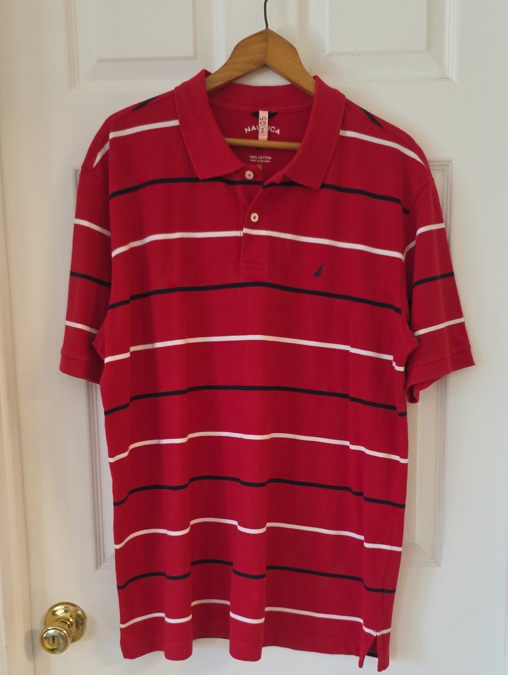 Nautica 100% Cotton Y2K Red Polo with White and Navy Stripes Size XL